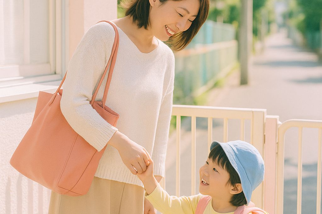 園の帰り道、手をつなぐ保護者とお子さま